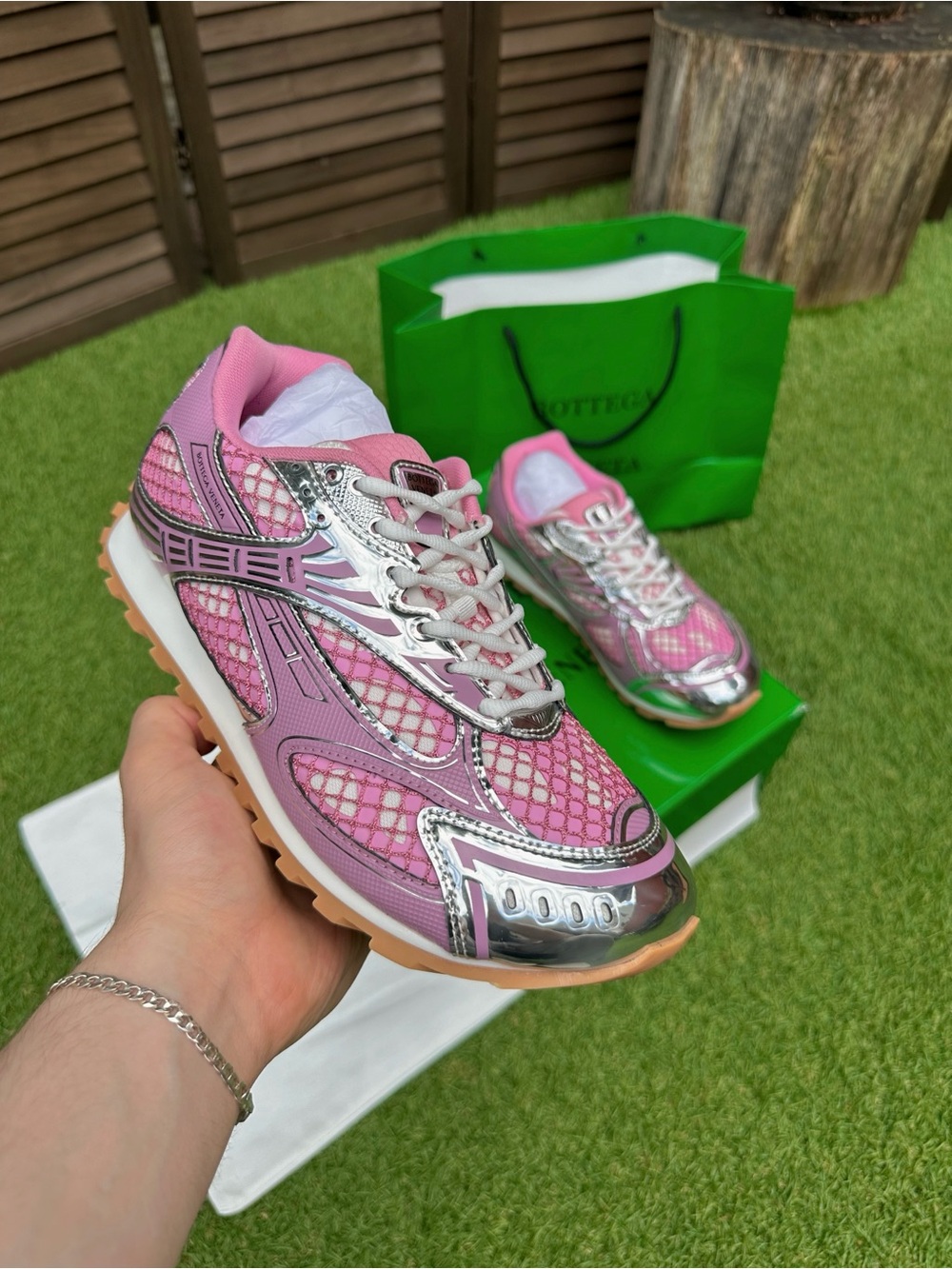 Bottega Veneta Pink Metallic Mesh Sneakers with Silver Accents